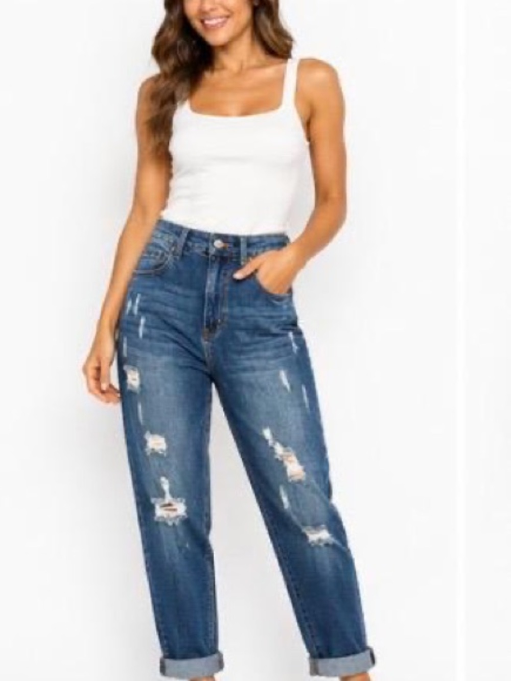 SHEIN Dark Blue Distressed Cropped Jeans